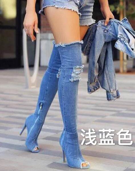 Buy Center Women’s High Heel Boots - Hollow Out Over Knee Denim - Buy Center UK