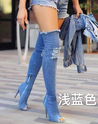 Buy Center Women’s High Heel Boots - Hollow Out Over Knee Denim - Buy Center UK