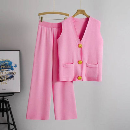 Buy Center Casual Knit Women’s Suit - V-neck Sleeveless & Wide Leg Pants - Buy Center UK