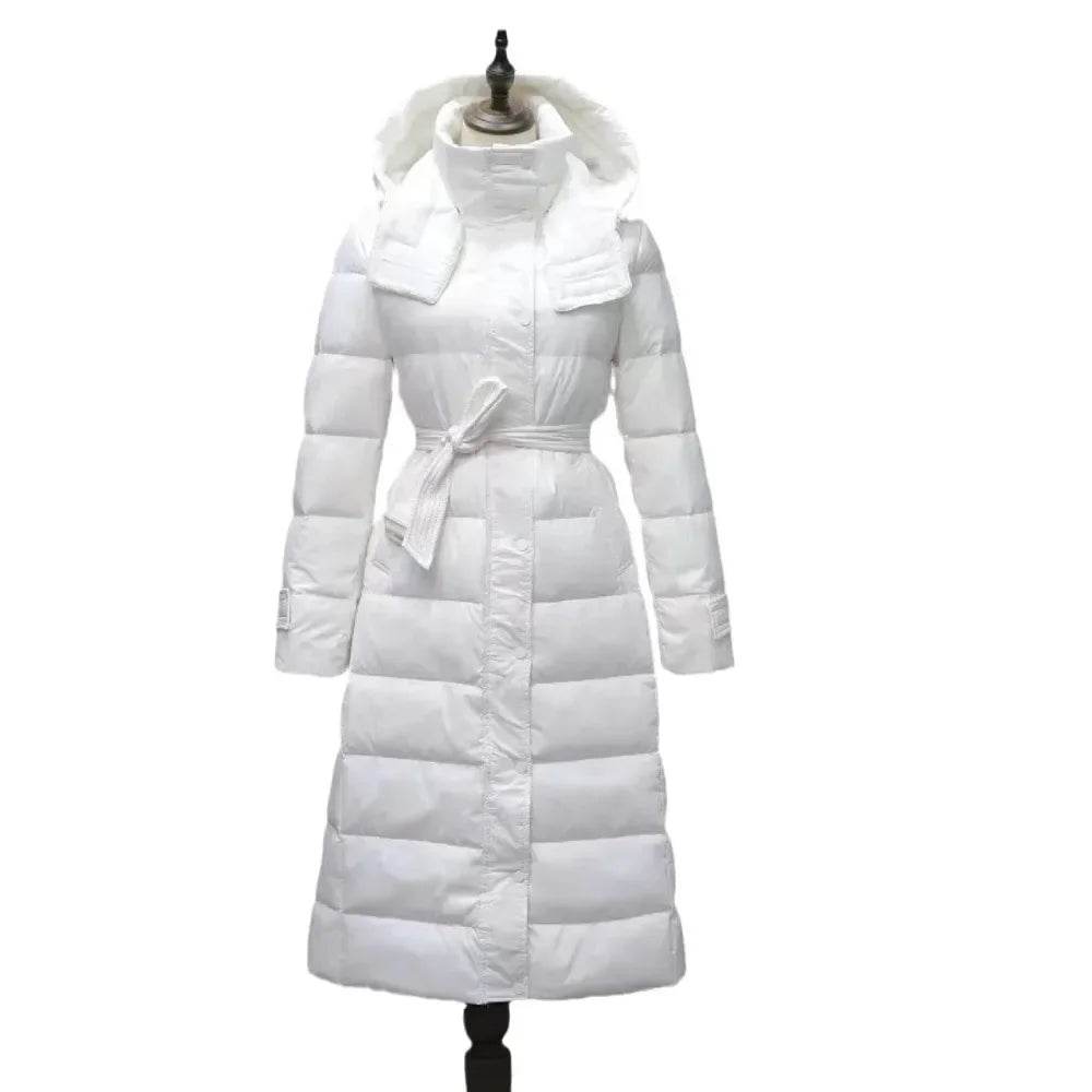 White Duck Down Jacket for Women - Slim Fit, Long Hooded Style - Buy Center UK