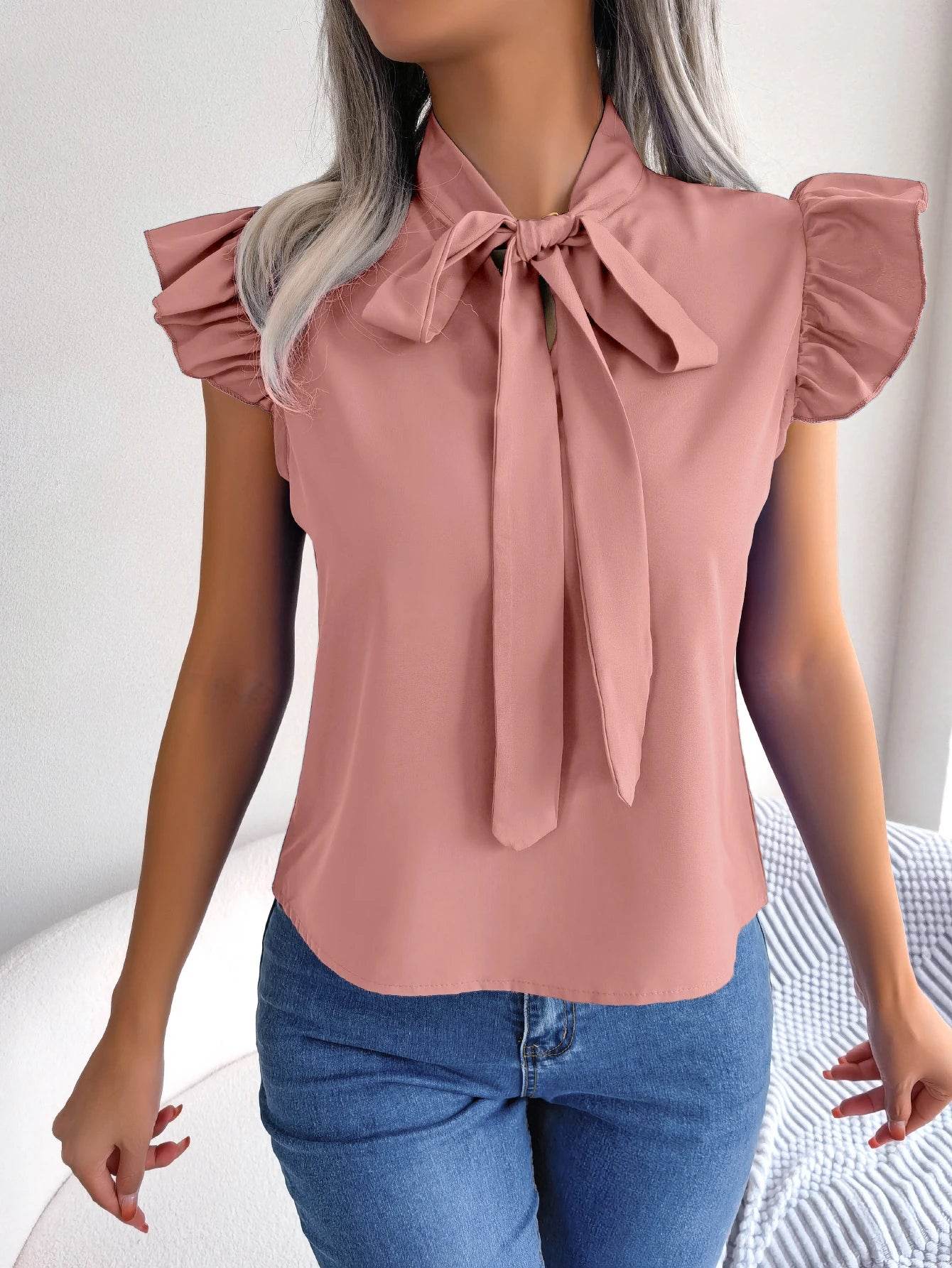 Buy Center Women’s Summer Chiffon Blouse - Bow Ruffle Short Sleeve - Buy Center UK