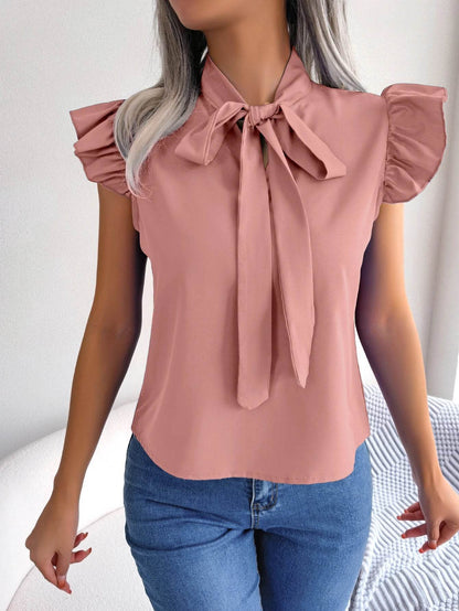 Buy Center Women’s Summer Chiffon Blouse - Bow Ruffle Short Sleeve - Buy Center UK