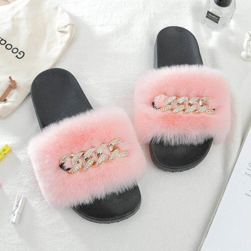 Buy Center Women's Furry Slippers - Plush Faux Rabbit Fur Slides - Buy Center UK