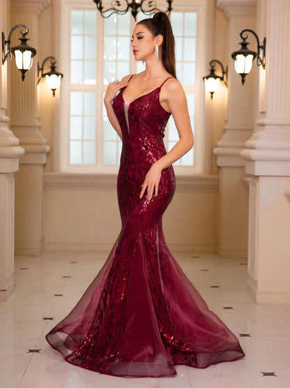 Romagic Deep V Neck Sleeveless Maxi Dress - Luxury Sequined Gown - Buy Center UK