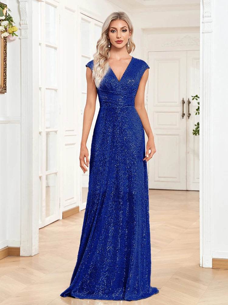 2025 Women Elegant V-neck Mermaid Evening Dress - Floor Length Blue Gown - Buy Center UK