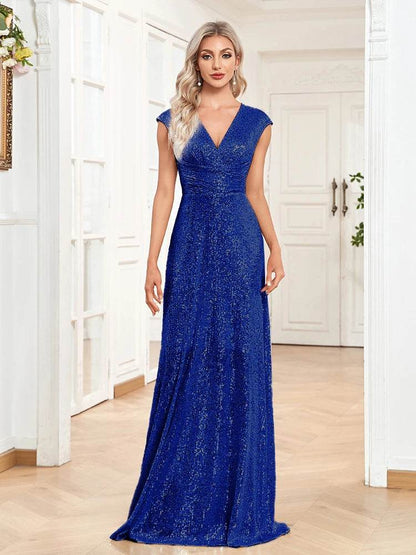 2025 Women Elegant V-neck Mermaid Evening Dress - Floor Length Blue Gown - Buy Center UK