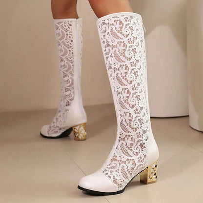 Women's Peep Toe Knee High Boots - Plus Size 45, Chunky Heels - Buy Center UK