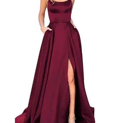 Buy Center Long Backless Satin Dress - Sexy Side Slit Evening Gown - Buy Center UK