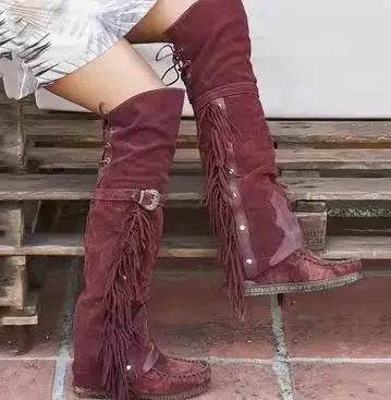 Buy Center Bohemian Knee-Length Boots - Faux Suede with Fringes - Buy Center UK