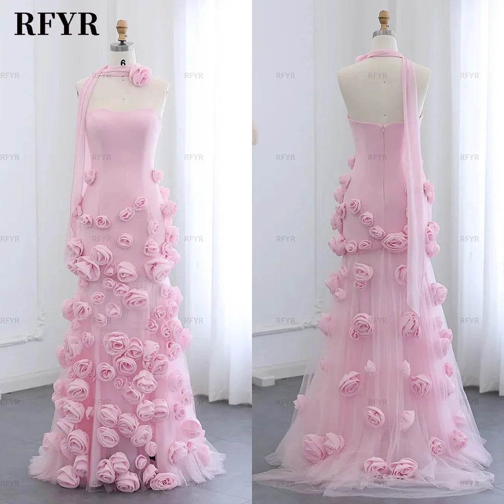 RFYR Pink Mermaid Prom Dress - 3D Flower Design, Side Slit Gown - Buy Center UK