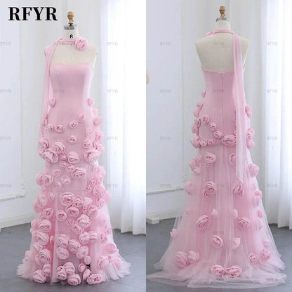 RFYR Pink Mermaid Prom Dress - 3D Flower Design, Side Slit Gown - Buy Center UK