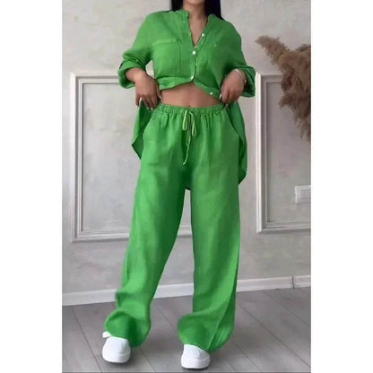 Buy Center Women's Linen Drawstring Shirt & Wide Leg Pants Set - Buy Center UK