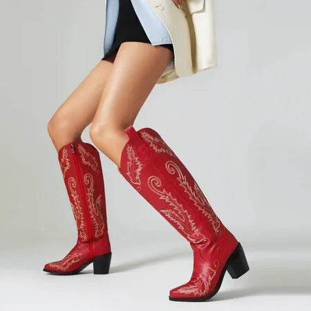 Buy Center Red Leather Cowboy Boots for Women - Chunky Heel, Embroidered - Buy Center UK