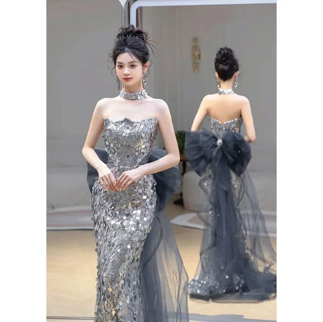 Plus Size Women's Mermaid Evening Dress - Sequins & Bow Detail - Buy Center UK
