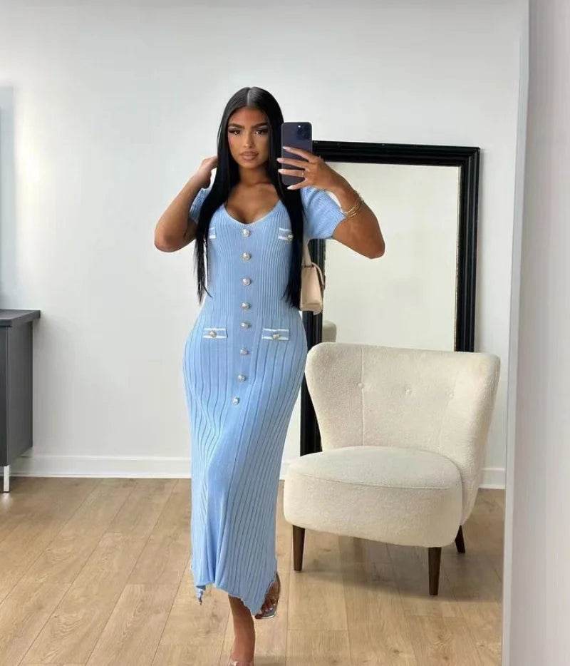 Elegant Knitted Maxi Dress - Bodycon Short Sleeve with Ruffles - Buy Center UK