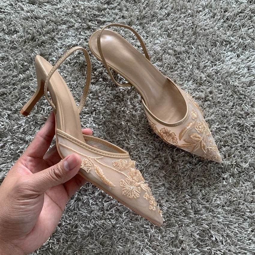 Women’s Mesh Embroidered High Heels - Slingback Pointed Toe Mules - Buy Center UK