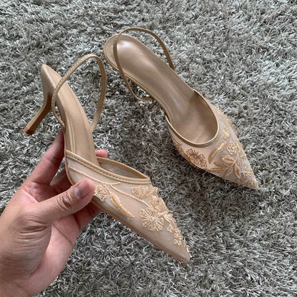 Women’s Mesh Embroidered High Heels - Slingback Pointed Toe Mules - Buy Center UK
