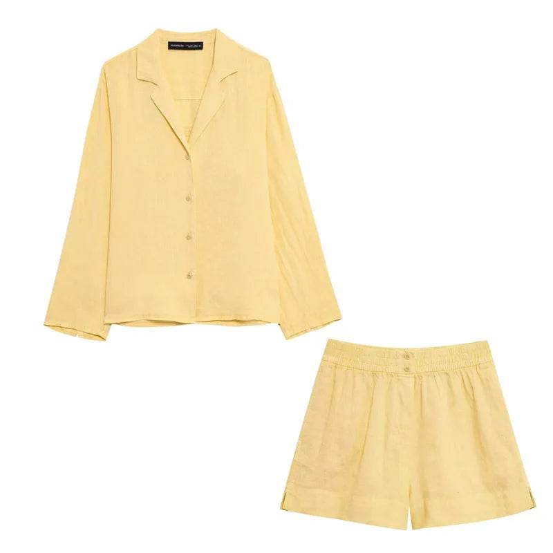TRAFZA 2025 Summer Set - Casual Cotton Linen Long Sleeve Shirt & Shorts - Buy Center UK