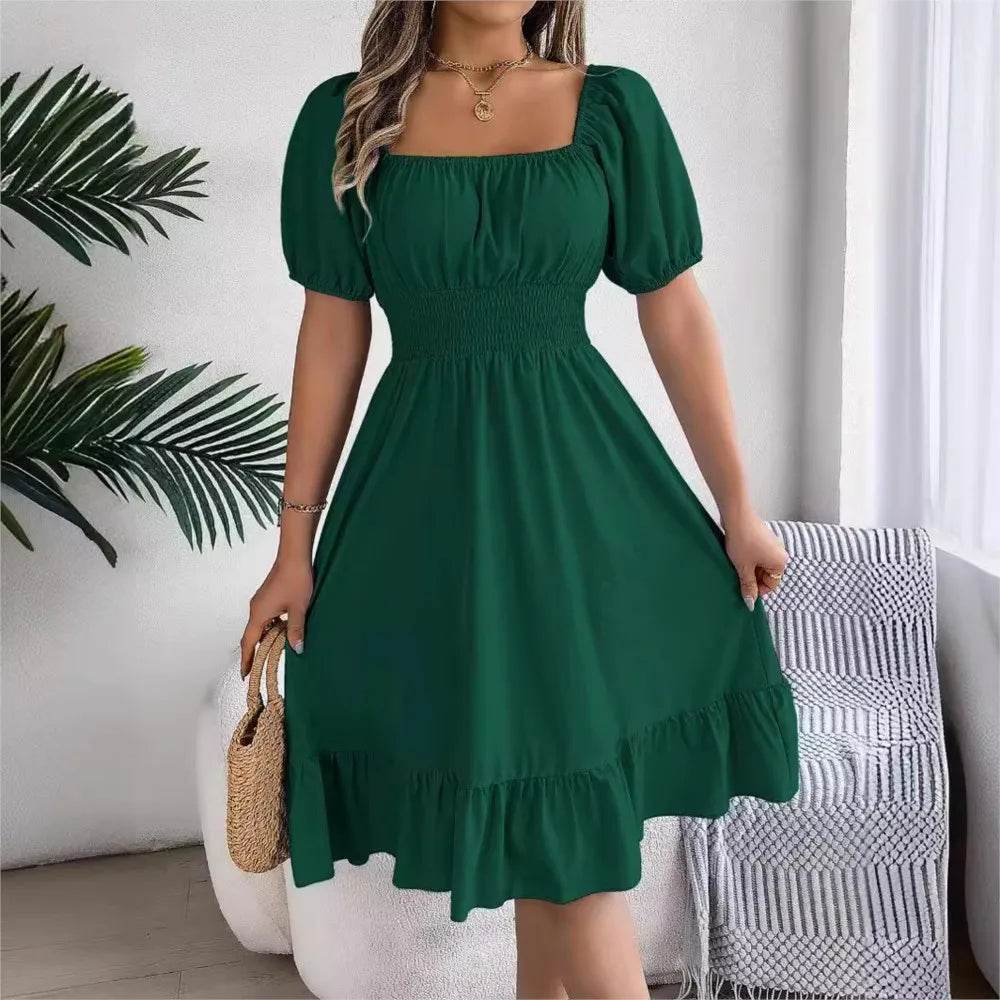 Women's Midi Dress 2024 - Elegant Square Neck and Ruffle Edge - Buy Center UK