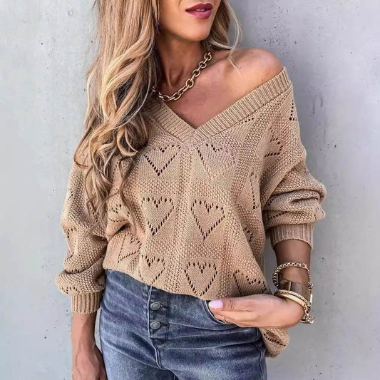 Buy Center Women's V Neck Love Heart Sweater - Cozy Casual Pullover - Buy Center UK