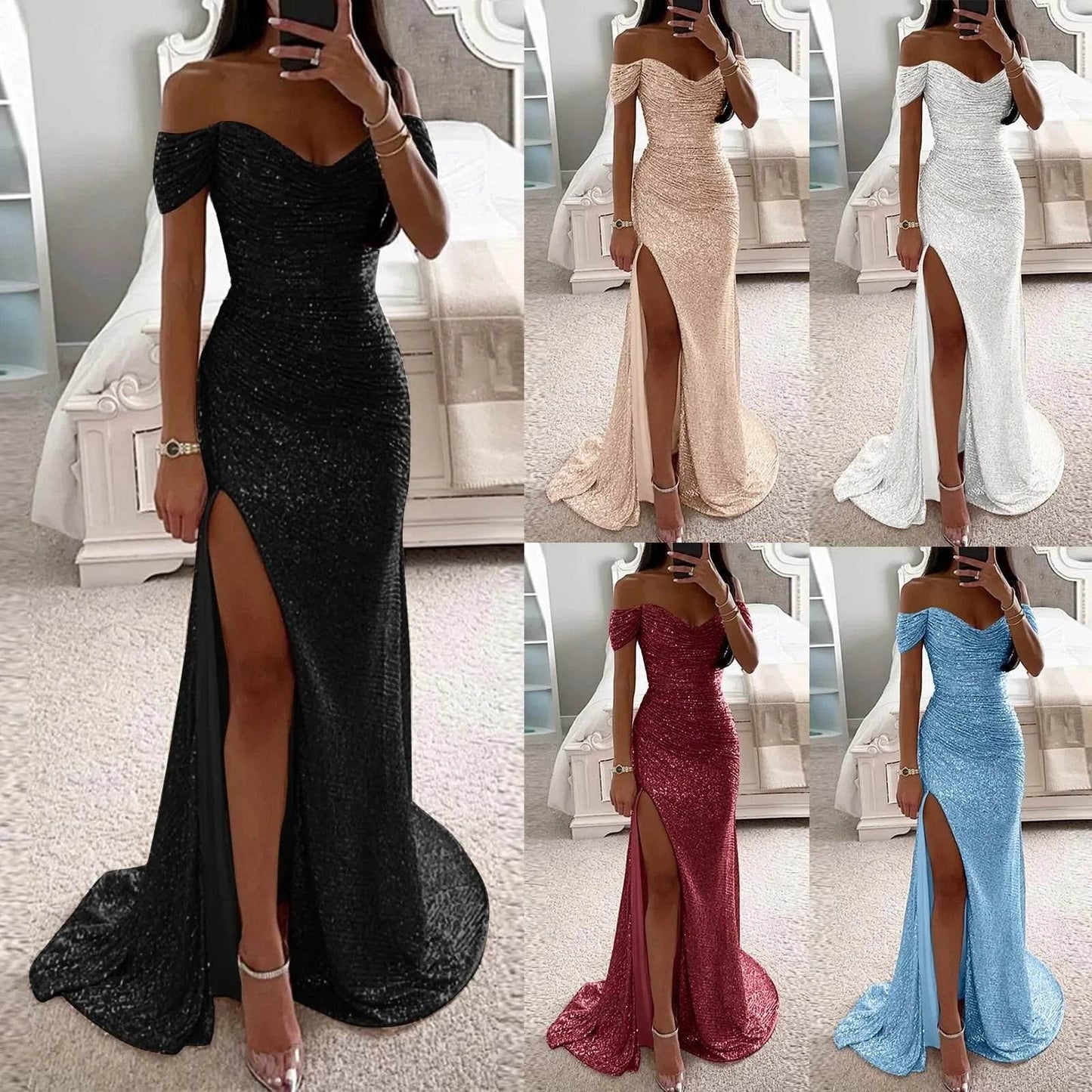 Chic Off-Shoulder Sequin Maxi Dress - Elegant Mermaid Gown 2025 - Buy Center UK