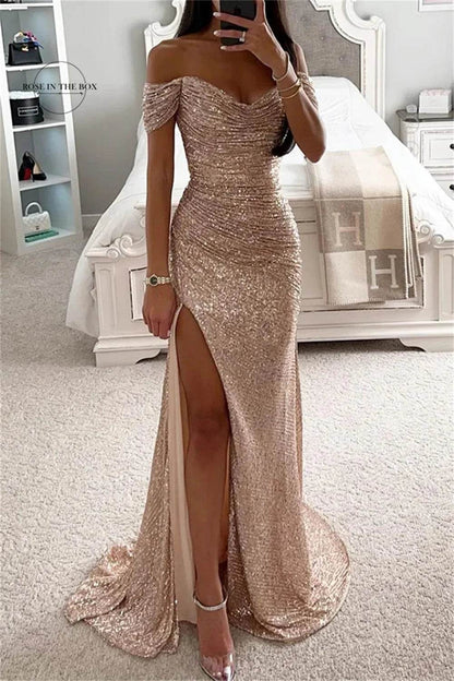 Chic Off-Shoulder Sequin Maxi Dress - Elegant Mermaid Gown 2025 - Buy Center UK