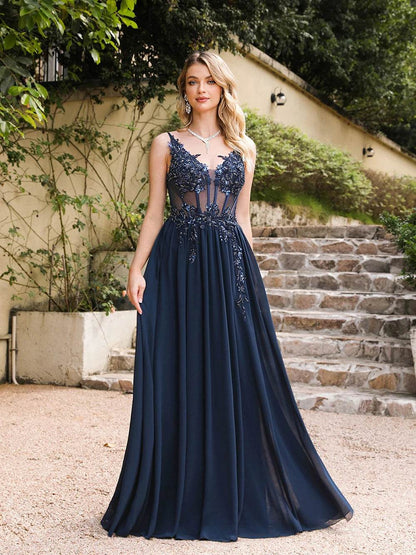 Elegant Navy Blue A-Line Evening Dress - Spaghetti Straps & Beaded Appliques - Buy Center UK