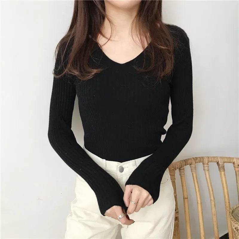 Women’s V-Neck Solid Sweater - Slim Fit Casual Knit Pullover - Buy Center UK