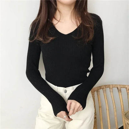 Women’s V-Neck Solid Sweater - Slim Fit Casual Knit Pullover - Buy Center UK