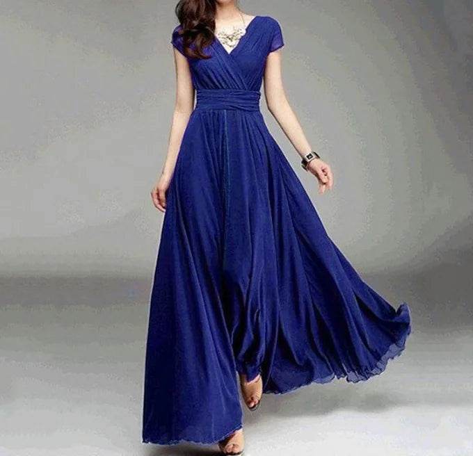 Elegant Women's Short-Sleeved Chiffon Dress - Floor-Length Bohemian Style - Buy Center UK