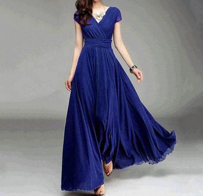 Elegant Women's Short-Sleeved Chiffon Dress - Floor-Length Bohemian Style - Buy Center UK