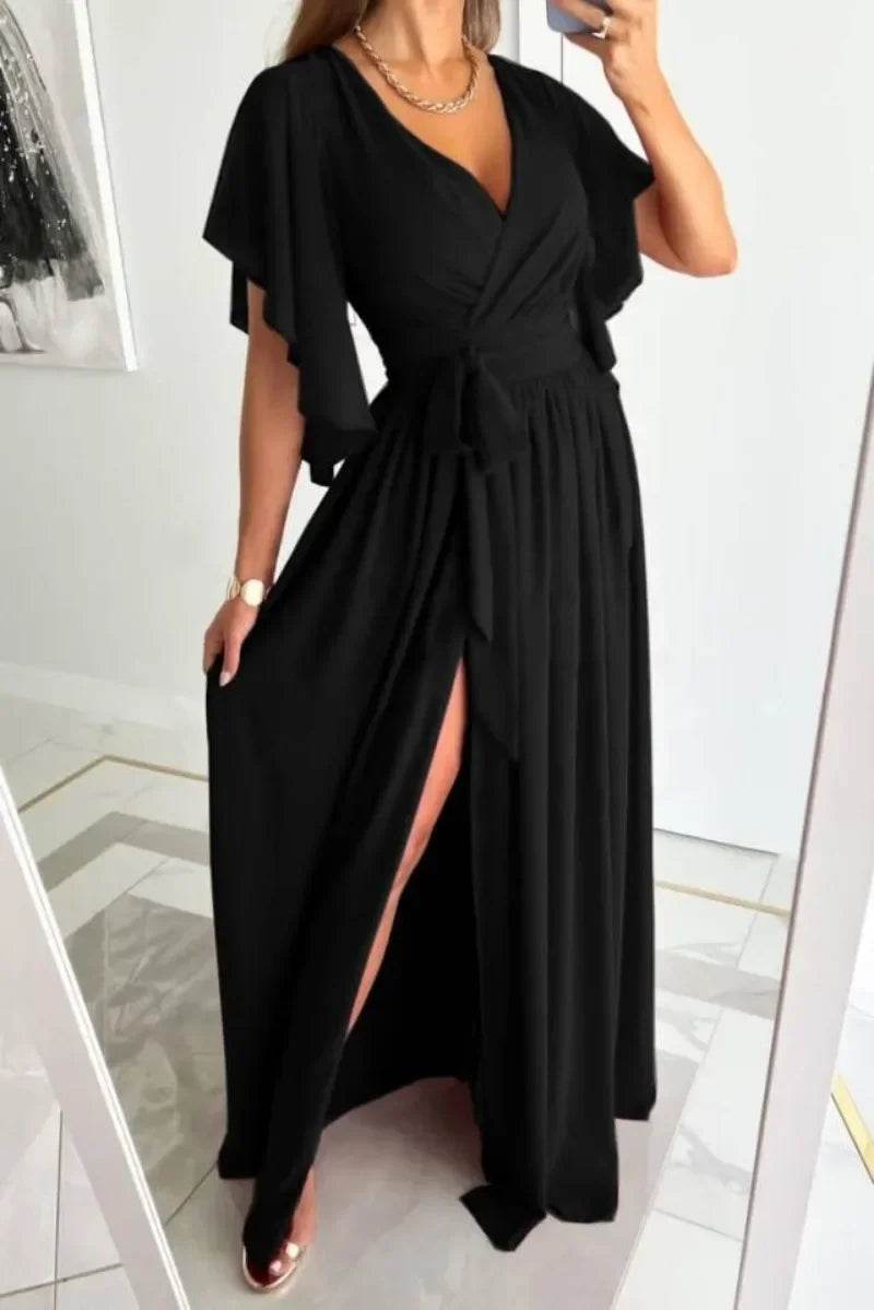 Buy Center Women's Flare Sleeve V-Neck Dress - Casual Floor Slit Style - Buy Center UK