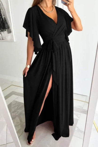 Buy Center Women's Flare Sleeve V-Neck Dress - Casual Floor Slit Style - Buy Center UK