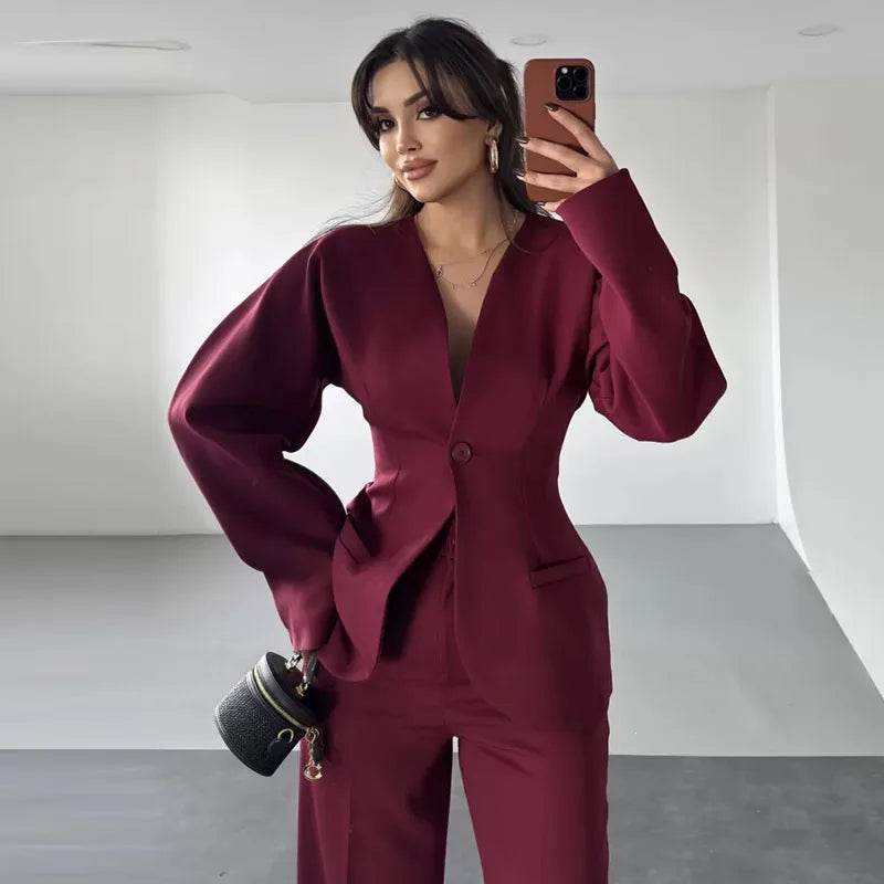 Elegant Blazer Pants Set for Women - Deep V-neck, Shoulder Pads - Buy Center UK