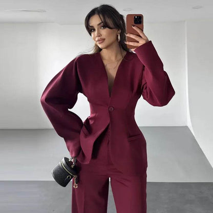 Elegant Blazer Pants Set for Women - Deep V-neck, Shoulder Pads - Buy Center UK