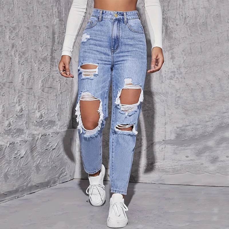 Buy Center High Waist Hole-Punched Jeans - Women’s Wide-Legged Style - Buy Center UK