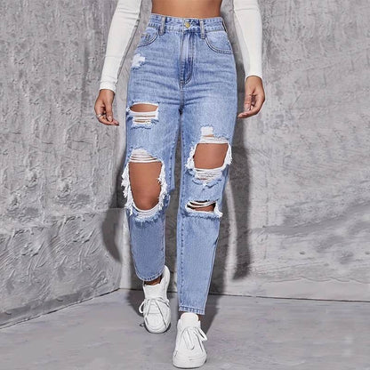 Buy Center High Waist Hole-Punched Jeans - Women’s Wide-Legged Style - Buy Center UK
