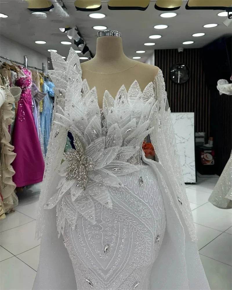 White Mermaid Evening Dress with Detachable Train - Beaded Elegance - Buy Center UK