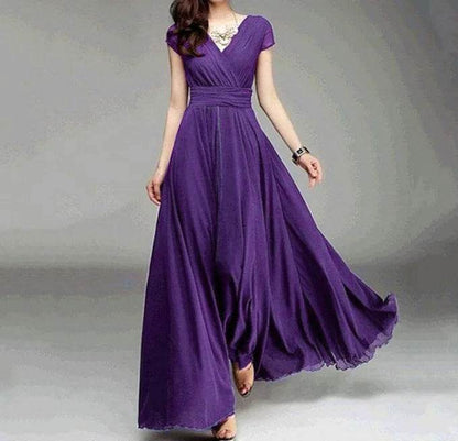 Elegant Women's Short-Sleeved Chiffon Dress - Floor-Length Bohemian Style - Buy Center UK