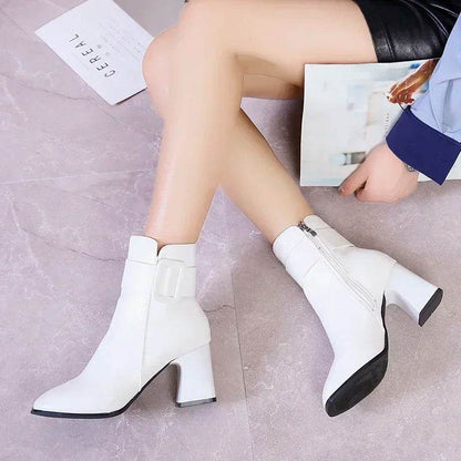 Elegant Women's High Heel Ankle Boots - Square Toe & Buckle Detail - Buy Center UK
