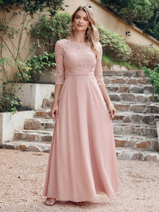 Buy Center Lace Chiffon Long Bridesmaid Dress - A-Line, 3/4 Sleeve - Buy Center UK
