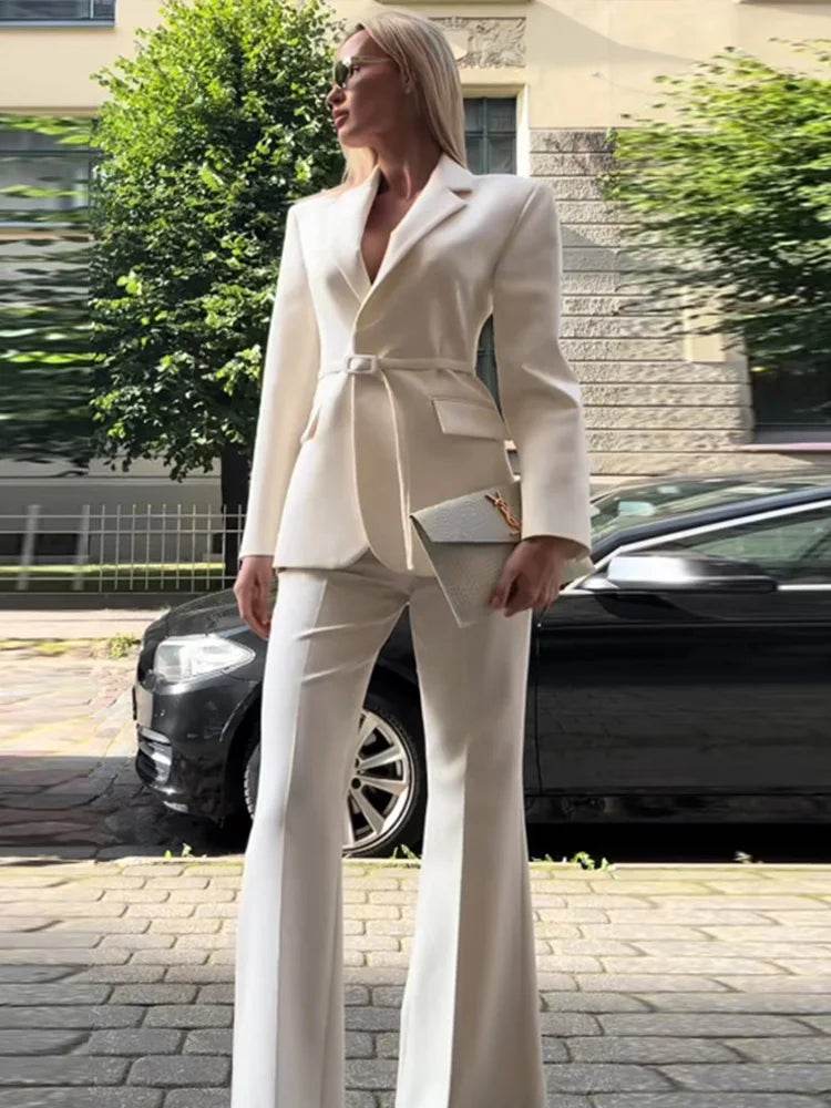 Women's Blazer Suit Trouser Set - High Waist Pants & Lace-Up Coat - Buy Center UK
