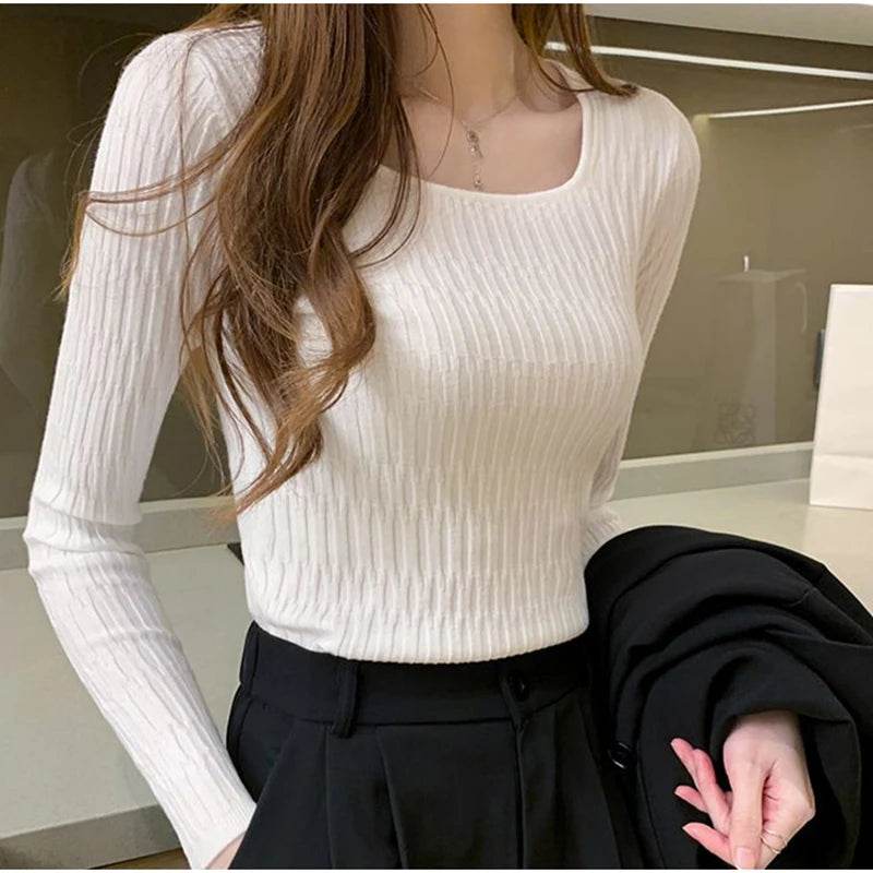 HELIAR Women Square Collar Sweater - Slim Knit Pullover for Fall - Buy Center UK