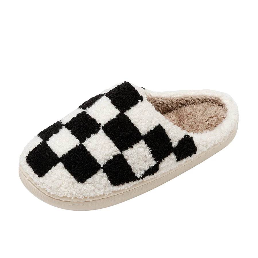 Buy Center Women's Fluffy Checker Slippers - Cozy Indoor House Shoes - Buy Center UK
