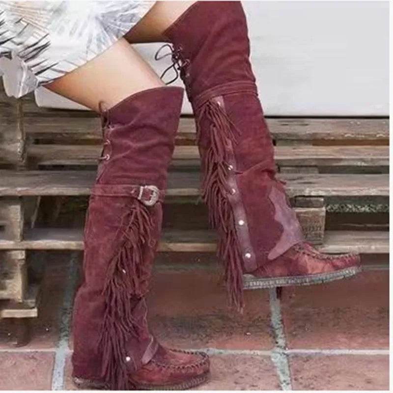 Buy Center Bohemian Knee-Length Boots - Faux Suede with Fringes - Buy Center UK