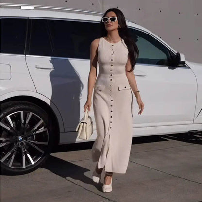 Buy Center Elegant Knitted Long Dress - Sleeveless Bodycon Style - Buy Center UK