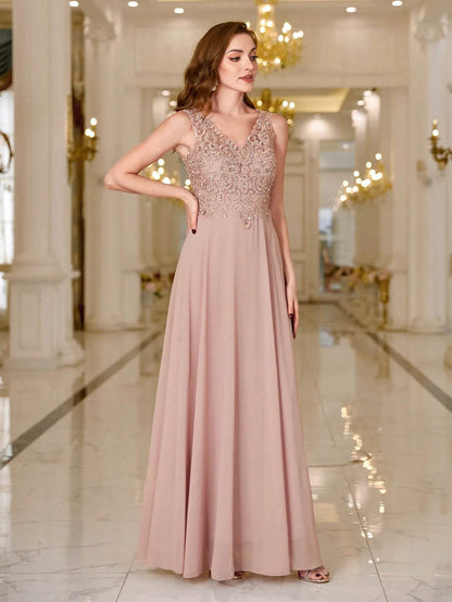 Elegant 3 Colors Evening Dress - V-Neck Lace Beaded Party Gown - Buy Center UK
