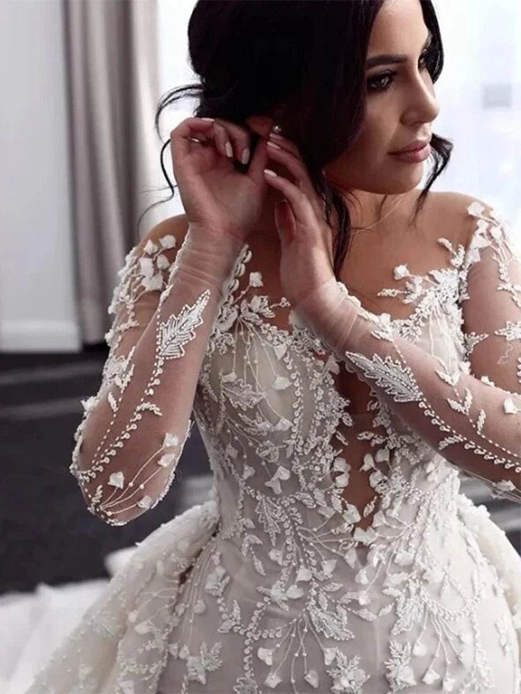 Luxury V-neck Mermaid Wedding Dress - Long Sleeves & Detachable Train - Buy Center UK