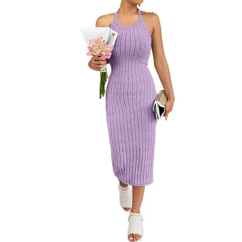 Buy Center Ribbed Midi Dress - Solid Halter Neck Bodycon Style - Buy Center UK