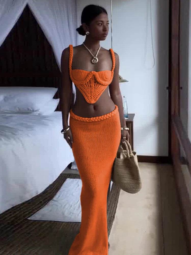 Weird Puss Crochet Shirring 2 Piece Set - Backless Top & Long Skirt - Buy Center UK